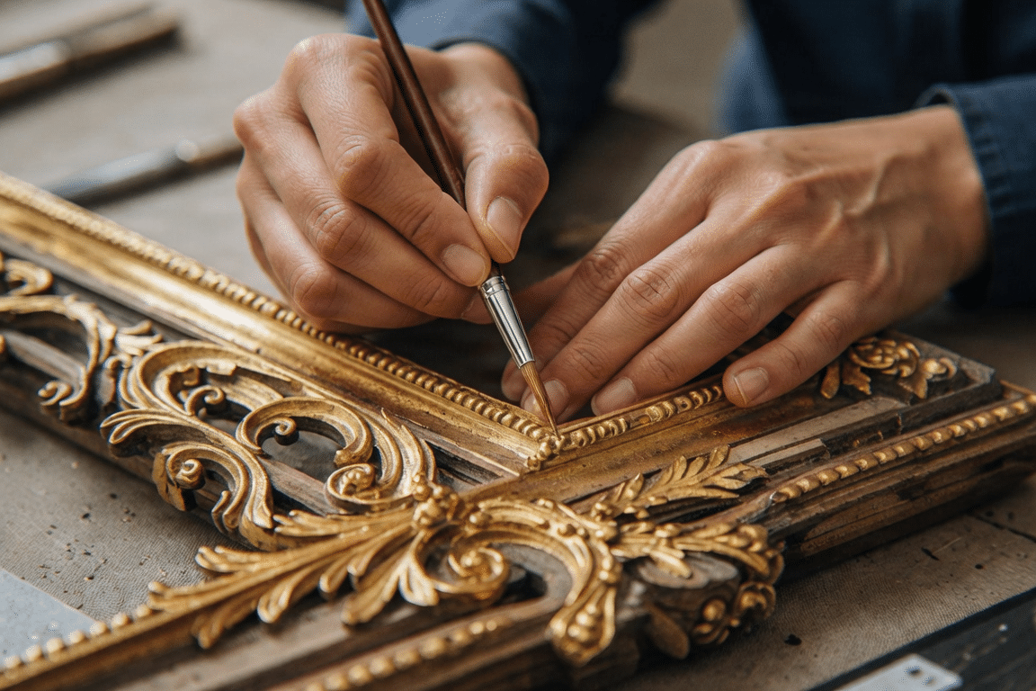 Close-up of delicate restoration work on an ornate antique picture frame.